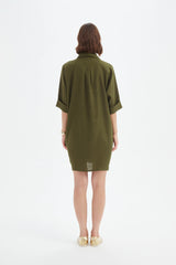 Oversized Linen Shirt Dress - Dark Moss