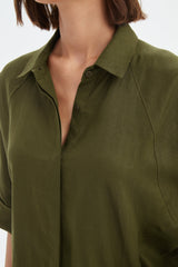 Oversized Linen Shirt Dress - Dark Moss