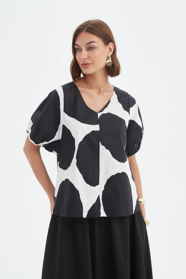 V Neck Bishop Sleeve Poplin Top