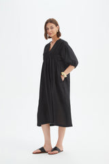 Puff Sleave Gather Front Dress - Black