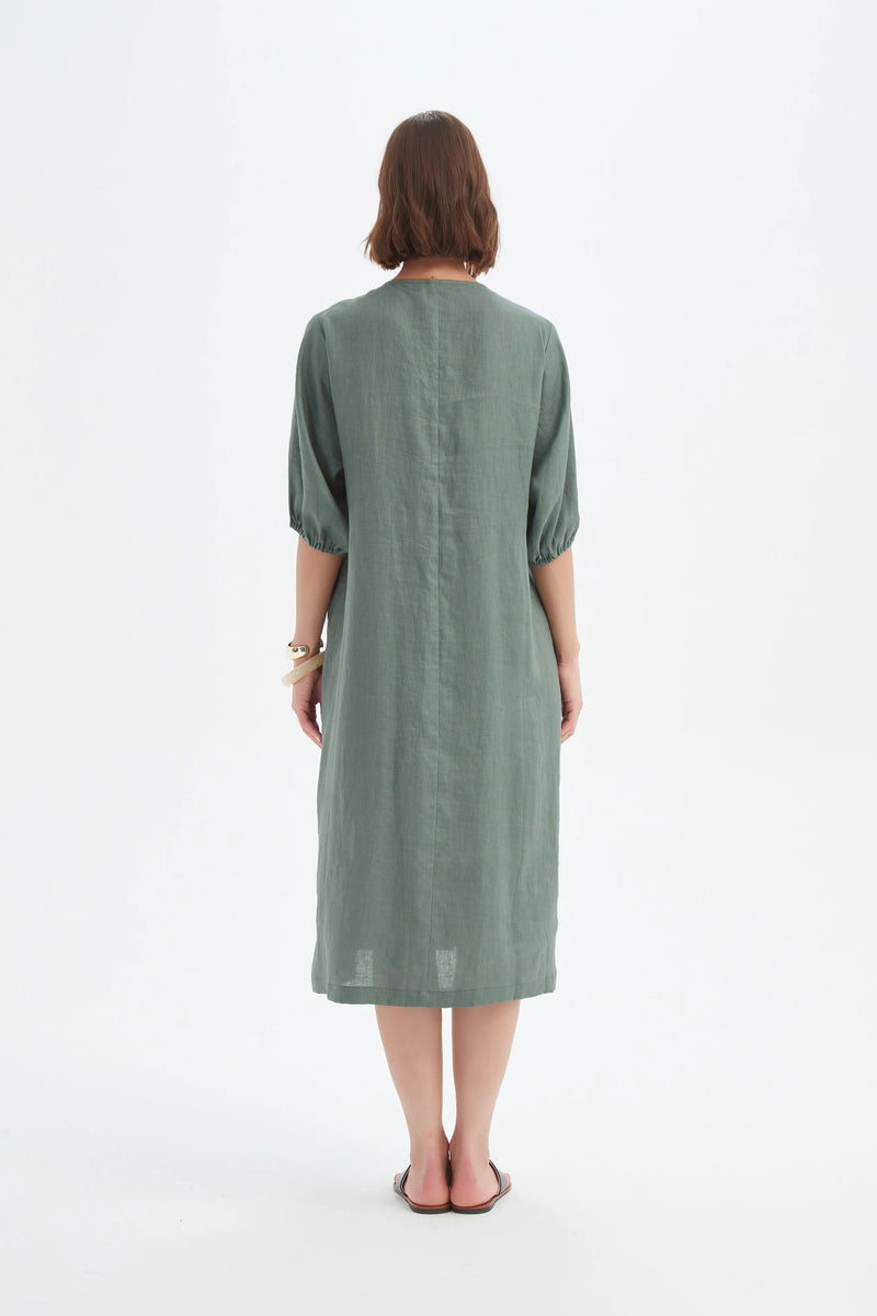 Puff Sleeve Gather Front Dress - Petrol