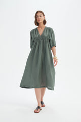 Puff Sleeve Gather Front Dress - Petrol