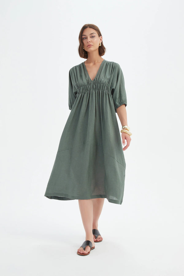 Puff Sleeve Gather Front Dress - Petrol