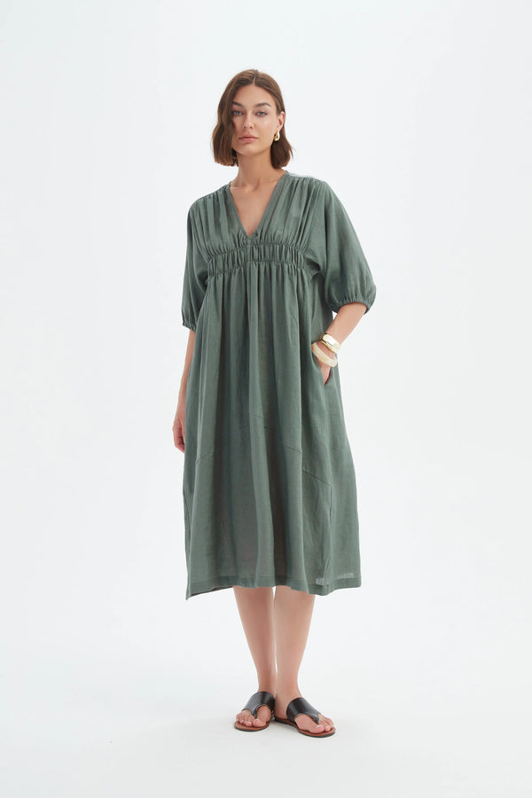 Puff Sleeve Gather Front Dress - Petrol