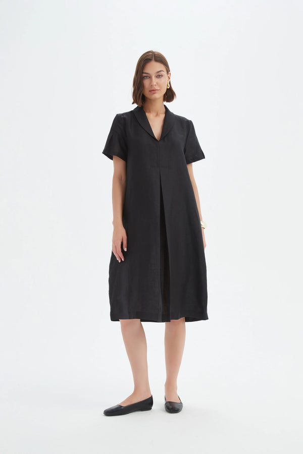 Shawl Collar Pleat Dress - Black