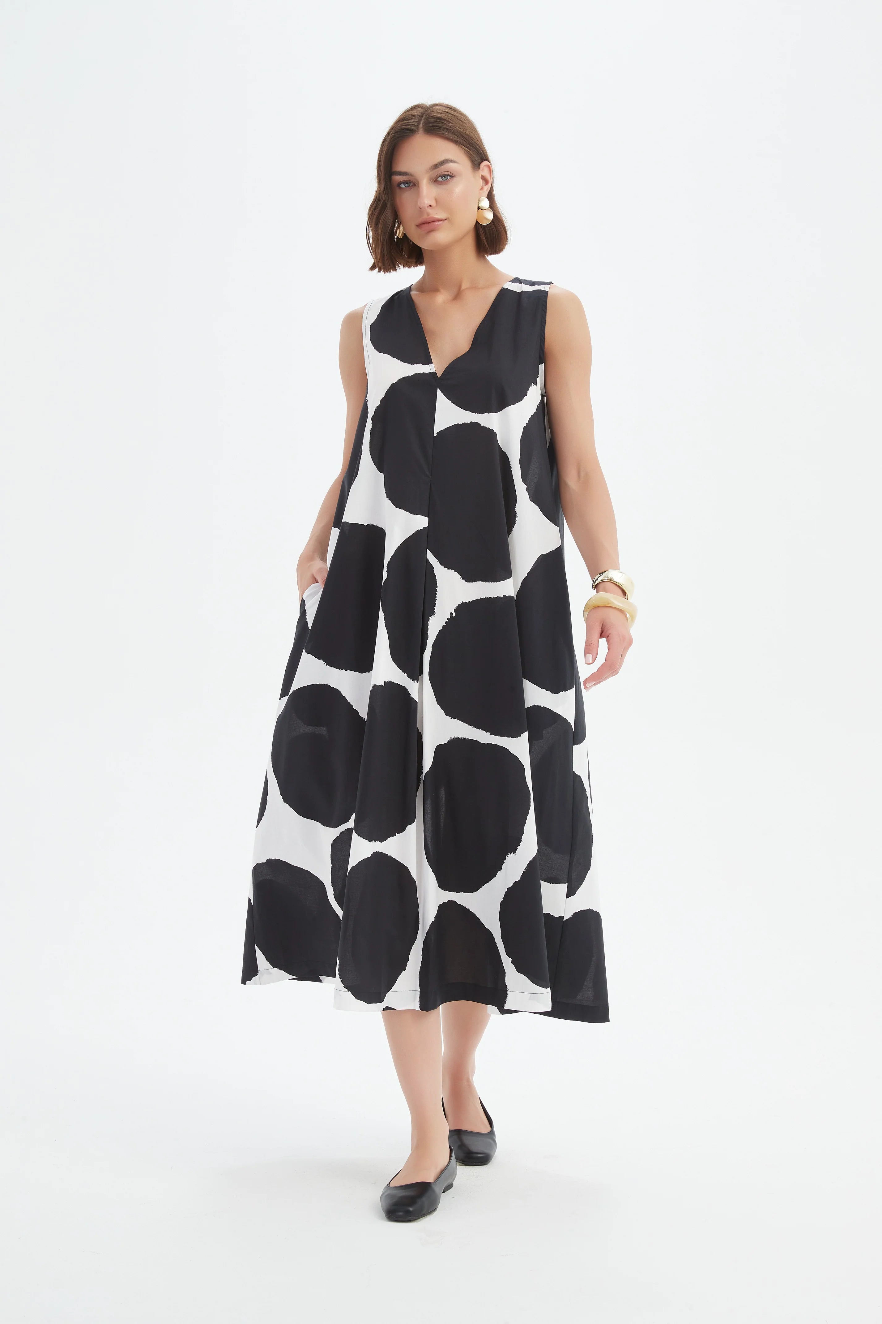 Inverted Pleat Poplin Dress - Black/White Spots – Watermelon Red
