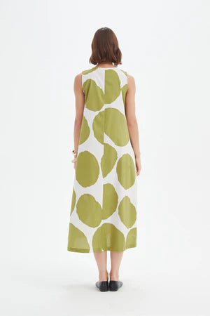Inverted Pleat Poplin Dress - Chartreuse/White Spot