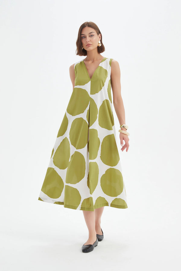 Inverted Pleat Poplin Dress - Chartreuse/White Spot