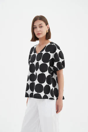 V Neck Bishop Sleeve Top - Black Spot