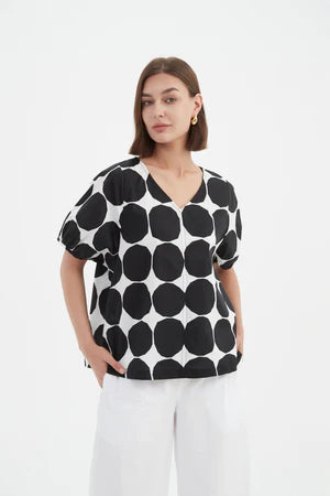 V Neck Bishop Sleeve Top - Black Spot