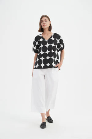 V Neck Bishop Sleeve Top - Black Spot