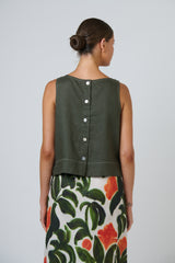Linen Button Back Top - Topiary