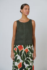 Linen Button Back Top - Topiary