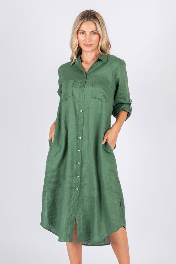 Miranda Linen Shirt Dress - Forest Green