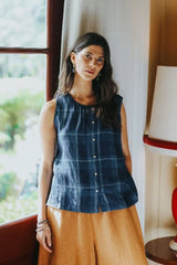 Montaigne Cara Linen Top - Blue Check