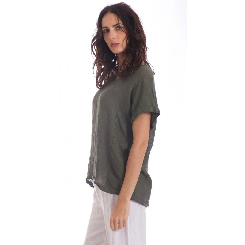 Plain Italian Linen T Shirt - Khaki- OS