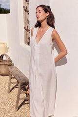 Inverted Pleat Linen  Dress - Cream