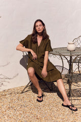 Shawl Collar Pleat Dress - Dark Moss