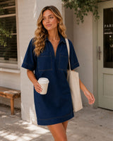 V Neck Denim Dress - Dark Denim