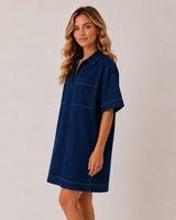 V Neck Denim Dress - Dark Denim