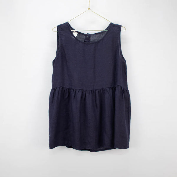 Linen Singlet Top with Buttoned Back - Navy