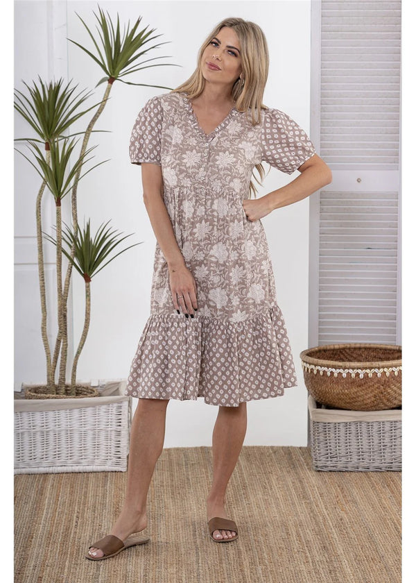 Carnation Button Dress - Taupe