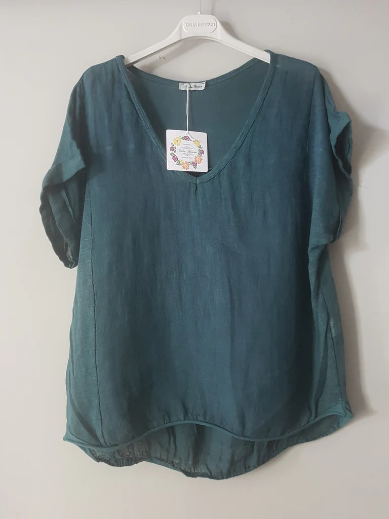 Plain Italian Linen T Shirt - Teal - OS