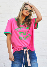 V-Neck Ringer Tee - Pink/Green