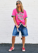 V-Neck Ringer Tee - Pink/Green