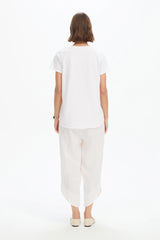Cotton Contrast Trim Linen Top - White