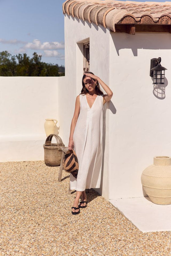 Inverted Pleat Linen  Dress - Cream