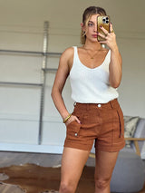 Country Denim Detailed Shorts w Flip Pocket - Tan