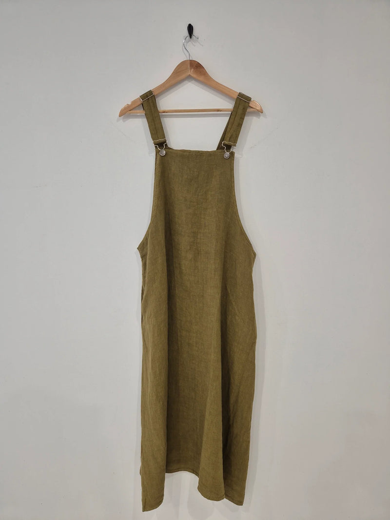 Montaigne Linen Overall Style Midi Dress - Army Green