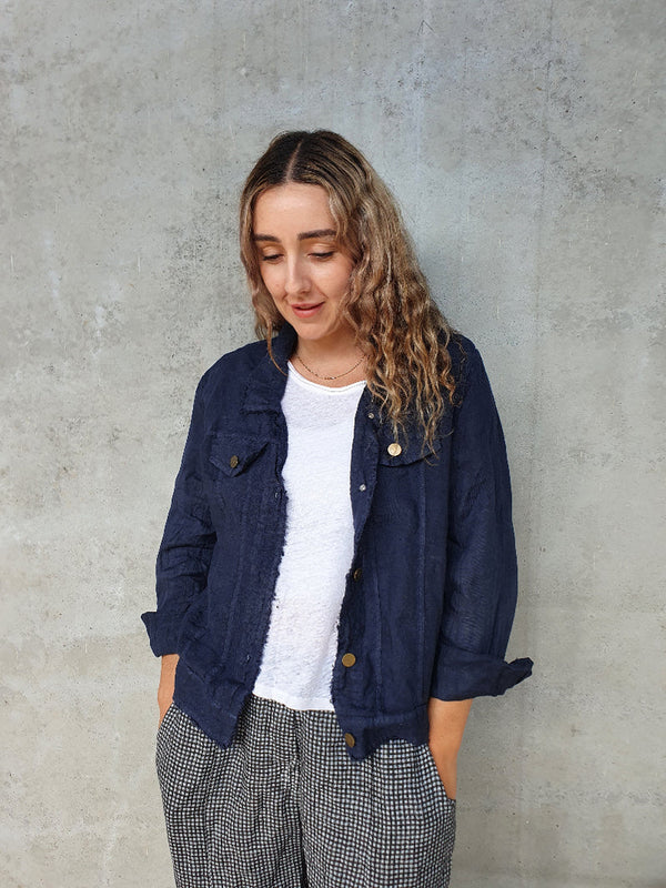 Frederic Linen Frayed Jacket - Navy