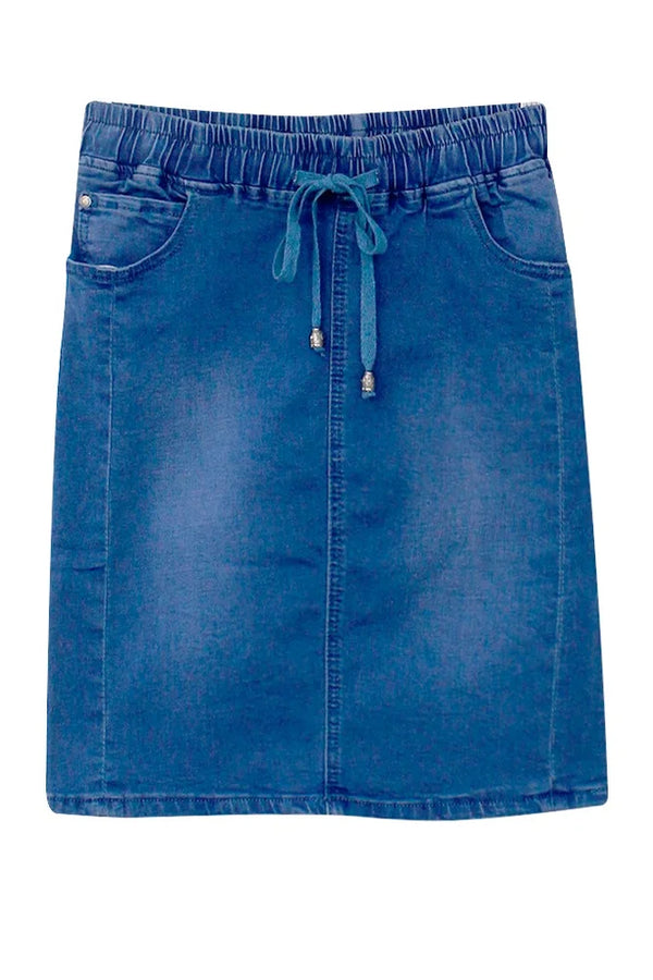 Country Denim Drawstring Knee Length Skirt - Mid Blue