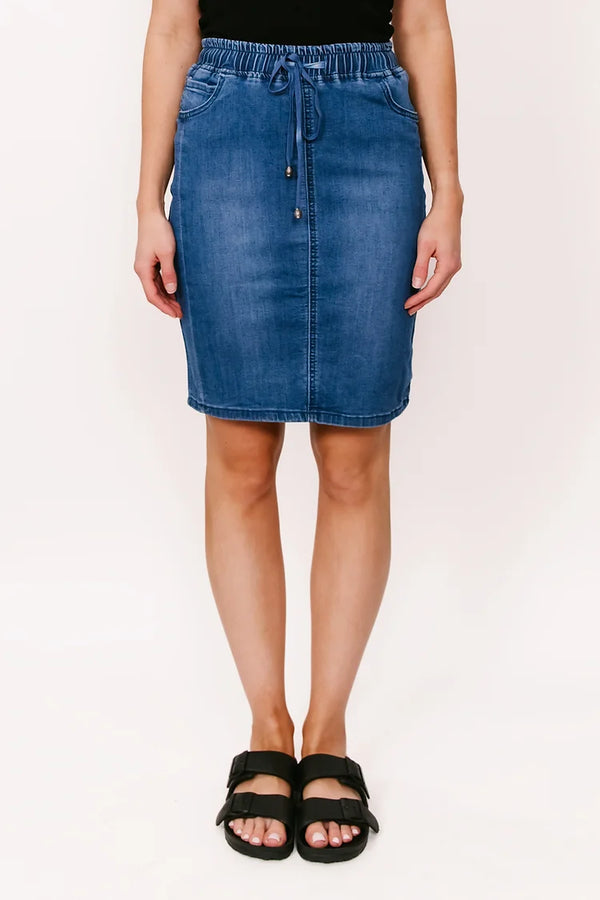 Country Denim Drawstring Knee Length Skirt - Mid Blue