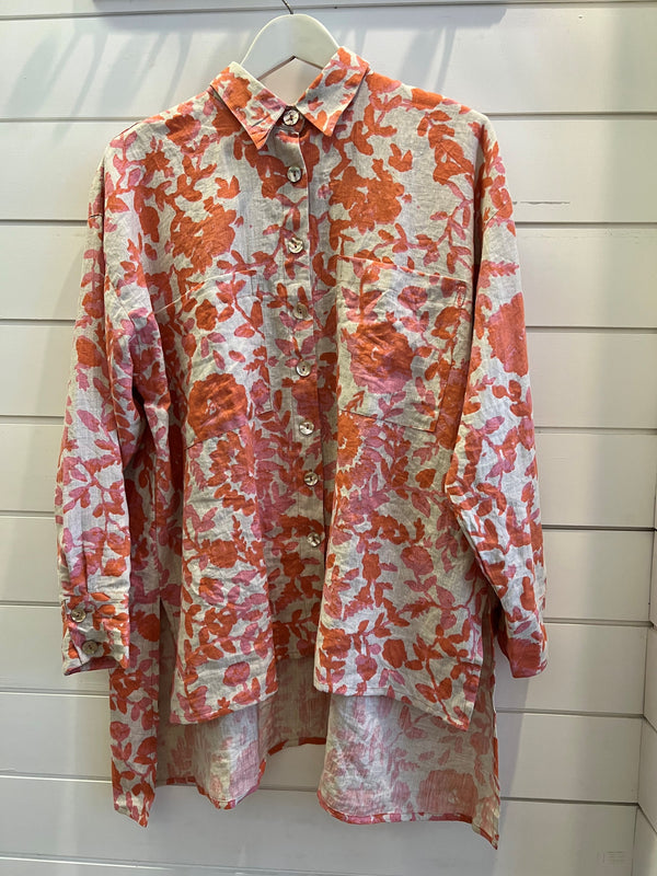 Boyfriend Shirt - Pure Linen - Handprinted - Coral - OS