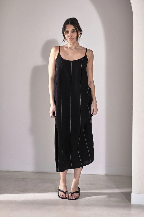 Carter Midi Linen Dress Black w White Stripe