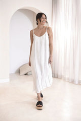 Fundamental Linen Midi Dress White w Charcoal Stripe