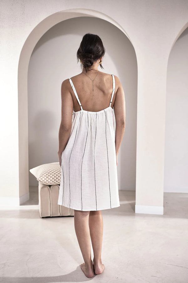 Carter Linen Slip Dress - White w' Charcoal Stripe