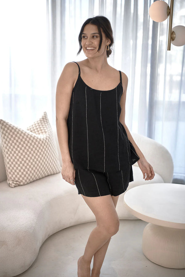 Fundamental Linen Shorts - Black w' White Fine Stripe