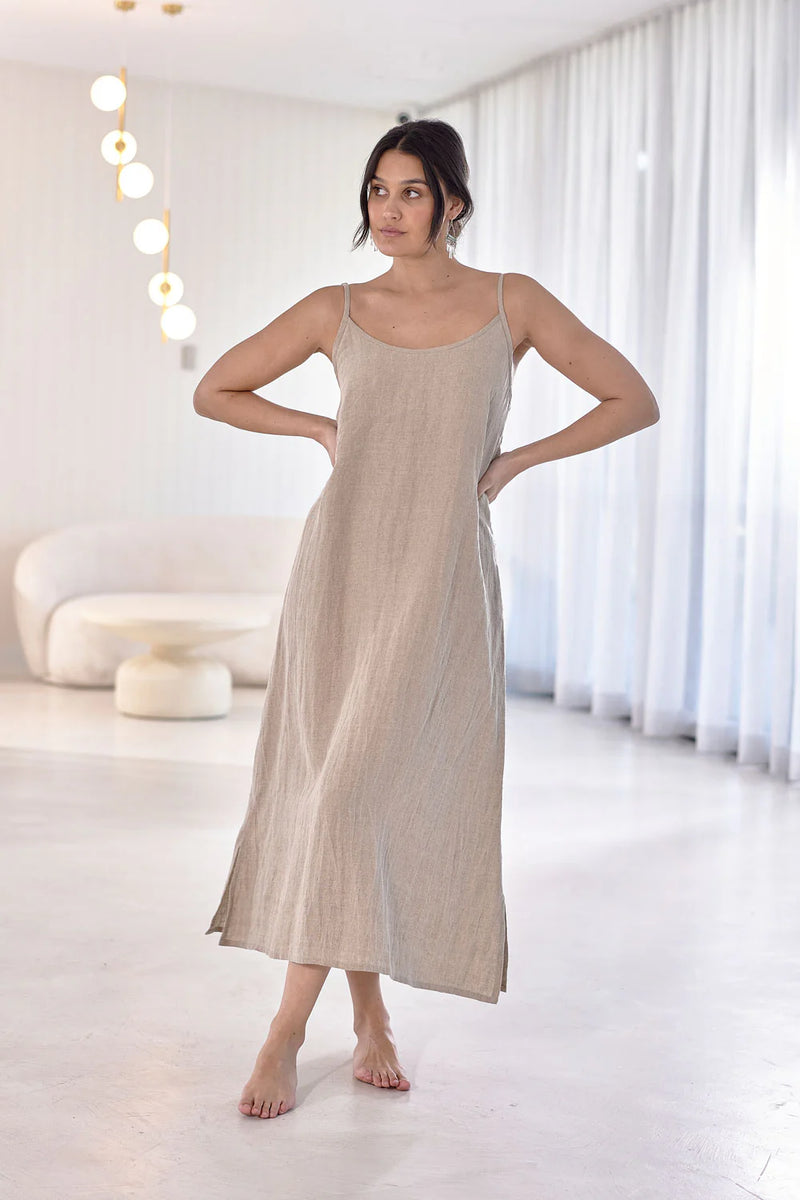 Fundamental Midi Linen Slip Dress -  Natural