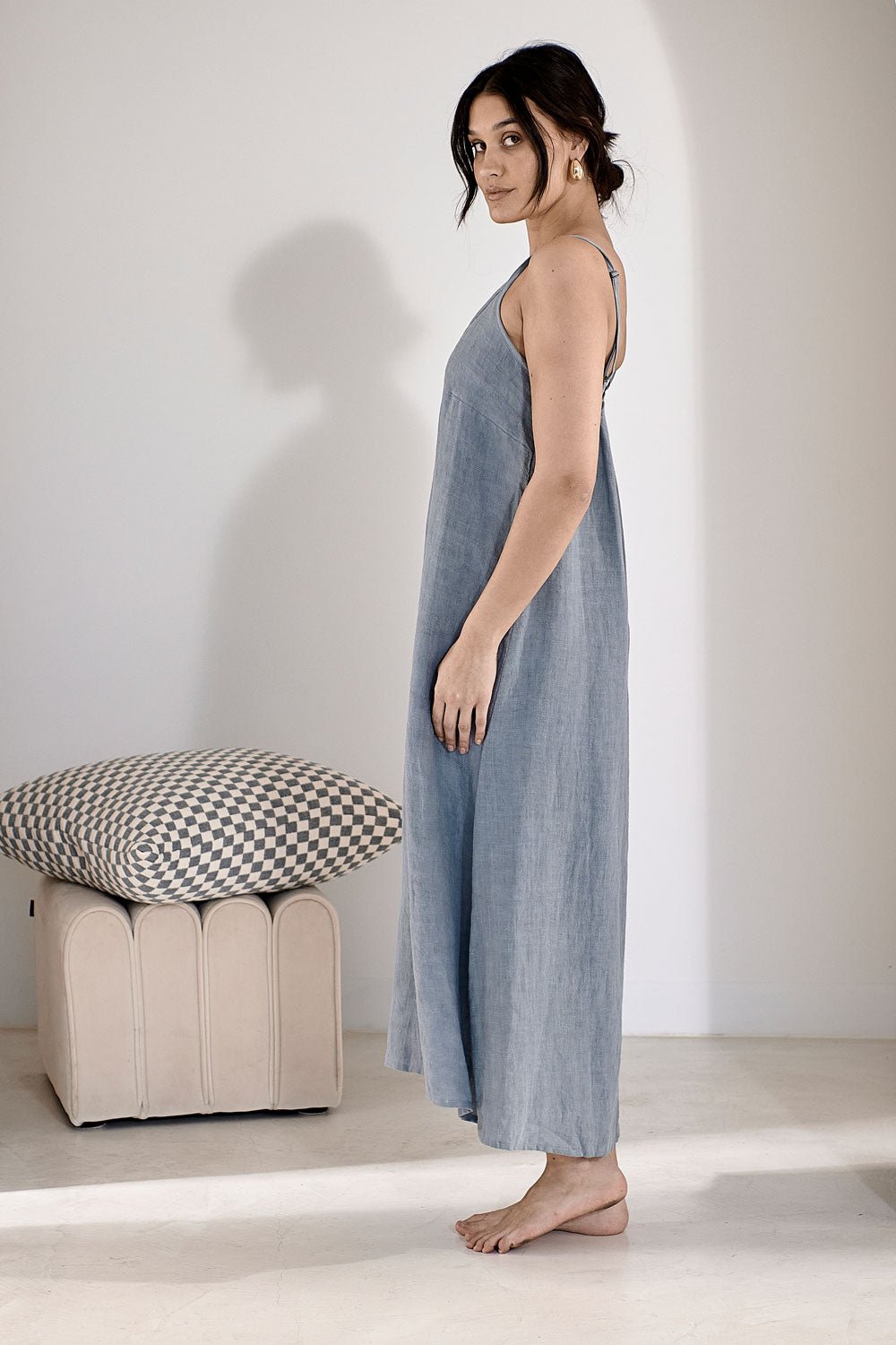 blue linen slip dress Soft Washed Midi Linen Dress – Old Linen Mill main image 0