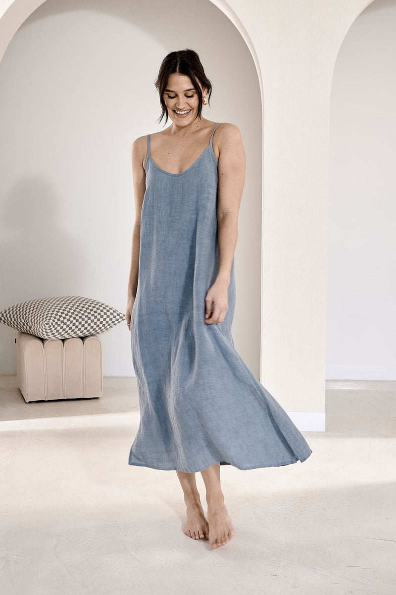 Fundamental Midi Linen Slip Dress -  Blue