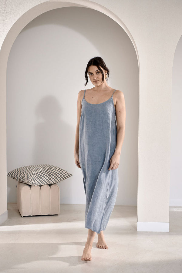 Fundamental Midi Linen Slip Dress -  Blue