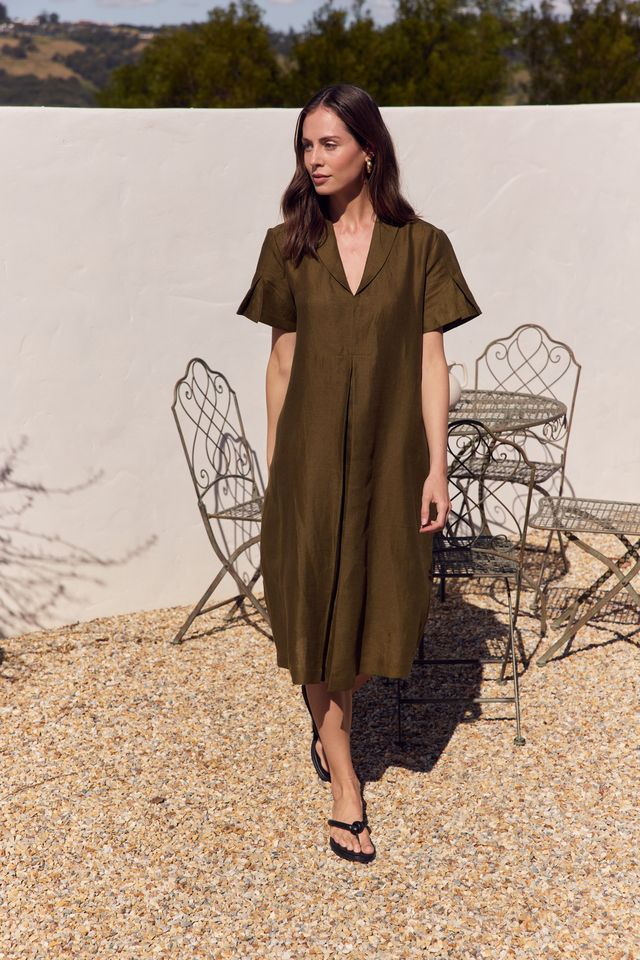 Shawl Collar Pleat Dress - Dark Moss