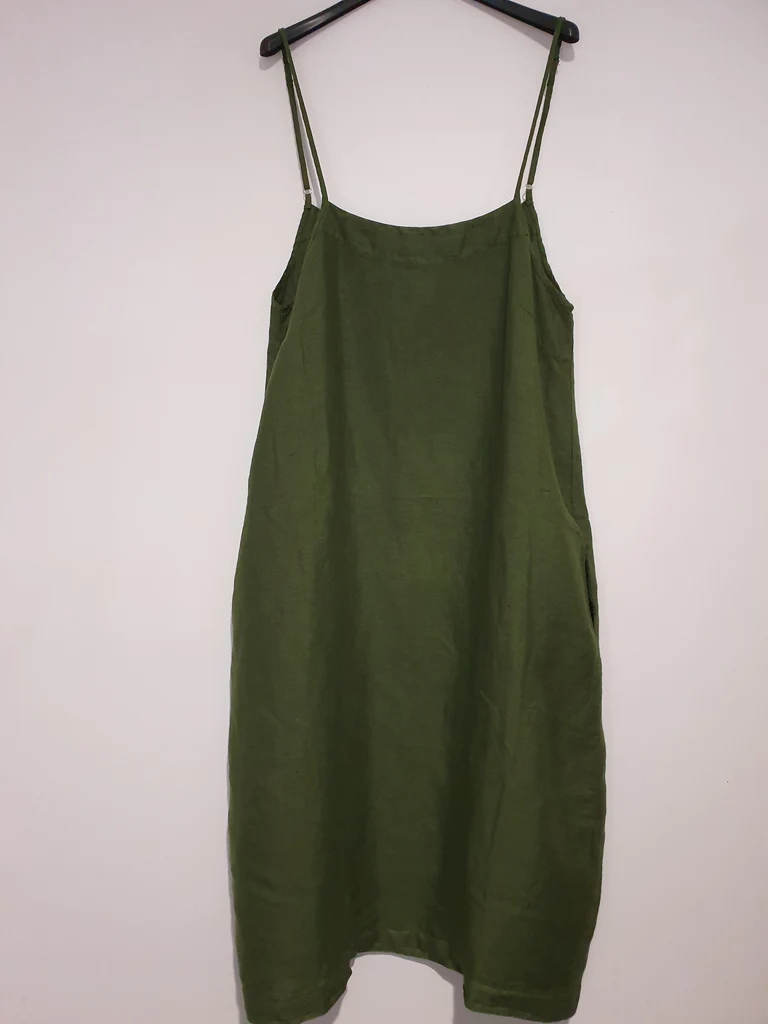 Linen Summer Slip Tulip Dress - Forest Green