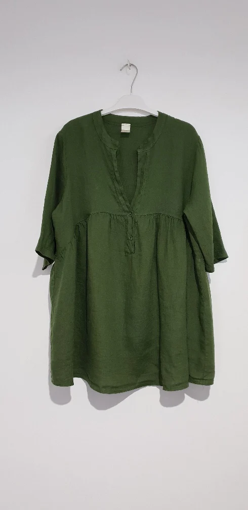 Button Up Linen Top - OS - Forest Green