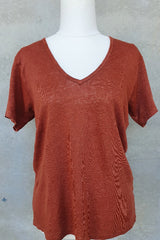 Linen V Neck T-shirt Tee - Brique