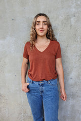 Linen V Neck T-shirt Tee - Brique
